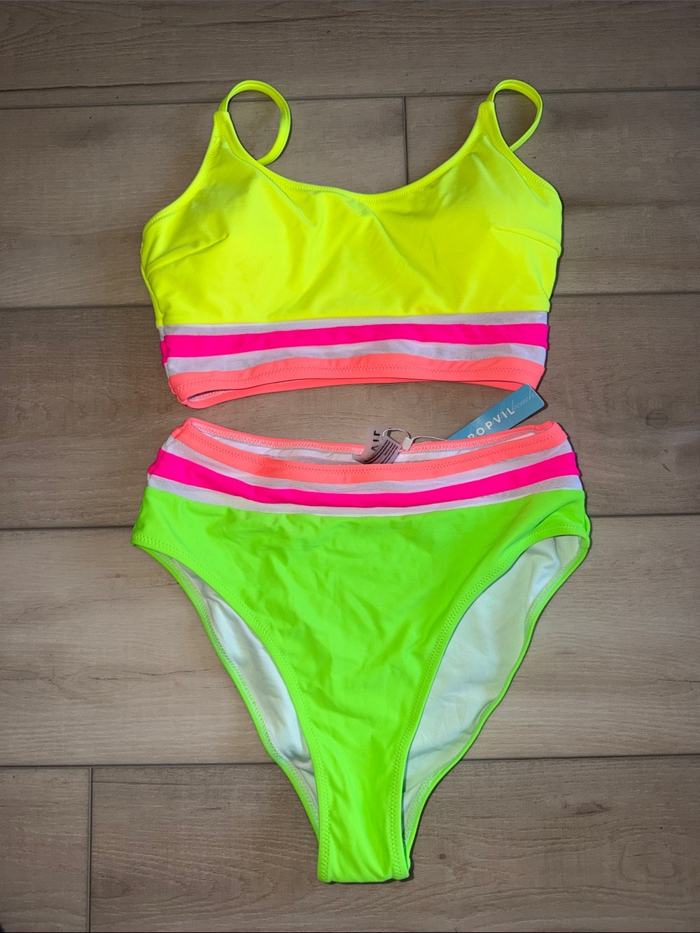 Neon Yellow Two Piece Bikini Set Pink & Coral Stripe Accents Small Swimwear